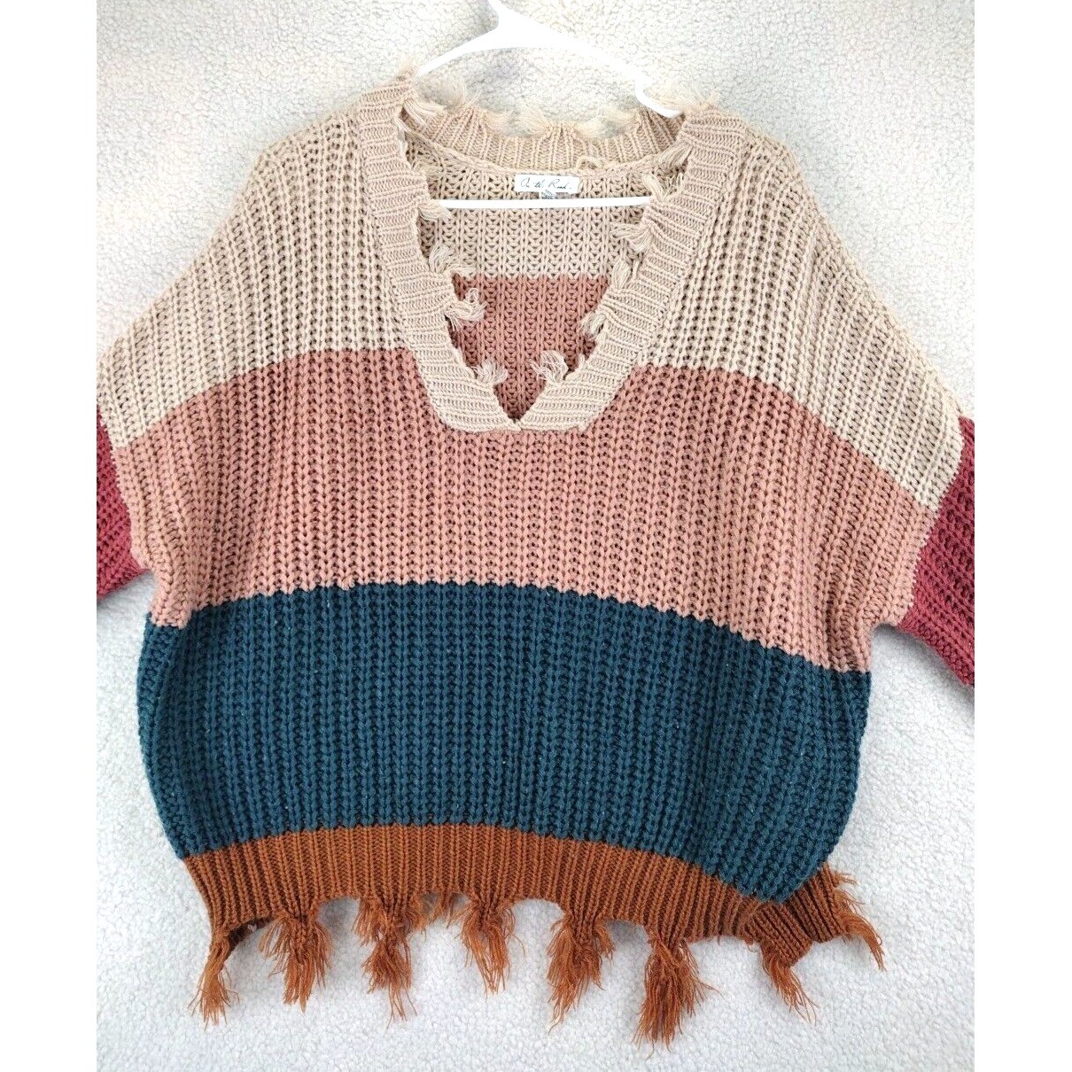 On the Road Striped Distressed Fringe V Neck Sweater M L