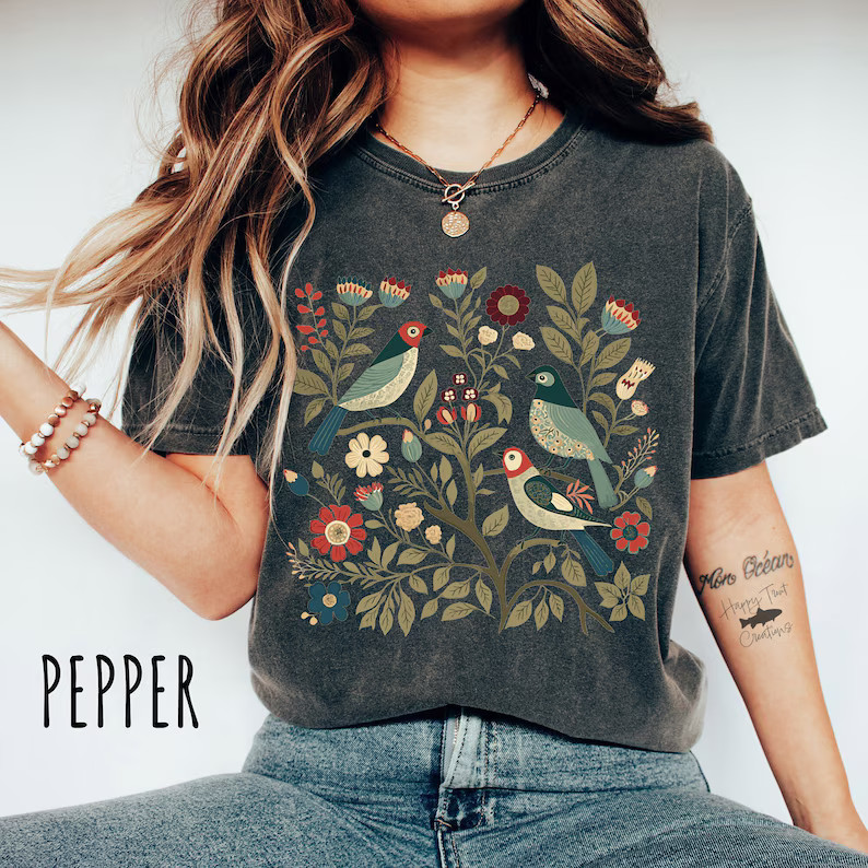 Cottagecore Birds Flowers Folk Comfort Tee