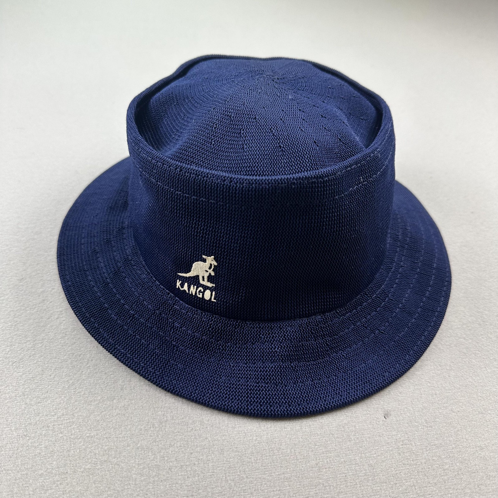 Vintage Kangol Bucket Hat Cap 7-1/8 Navy Blue Tropic Kangaroo Logo Woven 90s