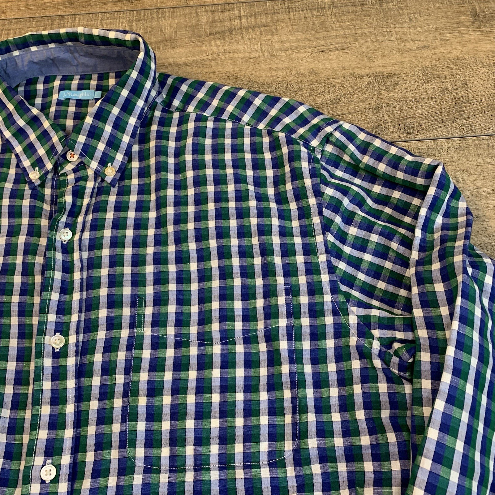 J McLaughlin Mens Long Sleeve Button Up Shirt Size Large 52% Linen Check B16