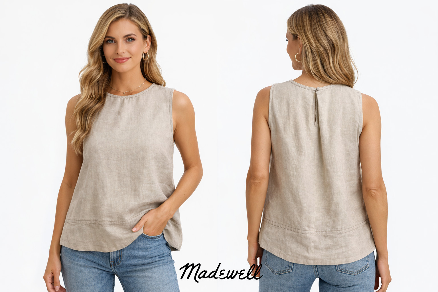 🌸Madewell Women’s Beige 100% Linen Sleeveless Keyhole Back M Casual Top Blouse