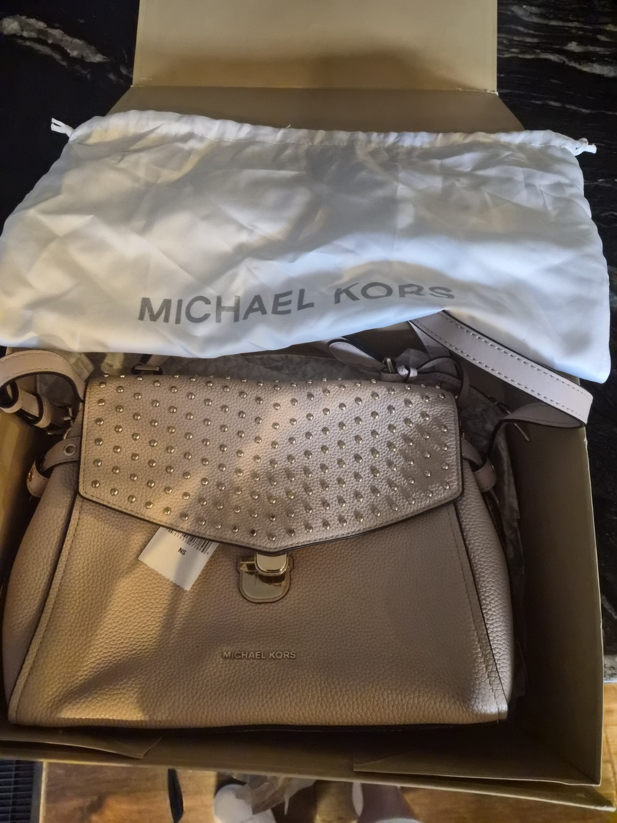 Michael Kors Beige Studded Pebbled Top Handle Satchel Crossbody Dust Bag