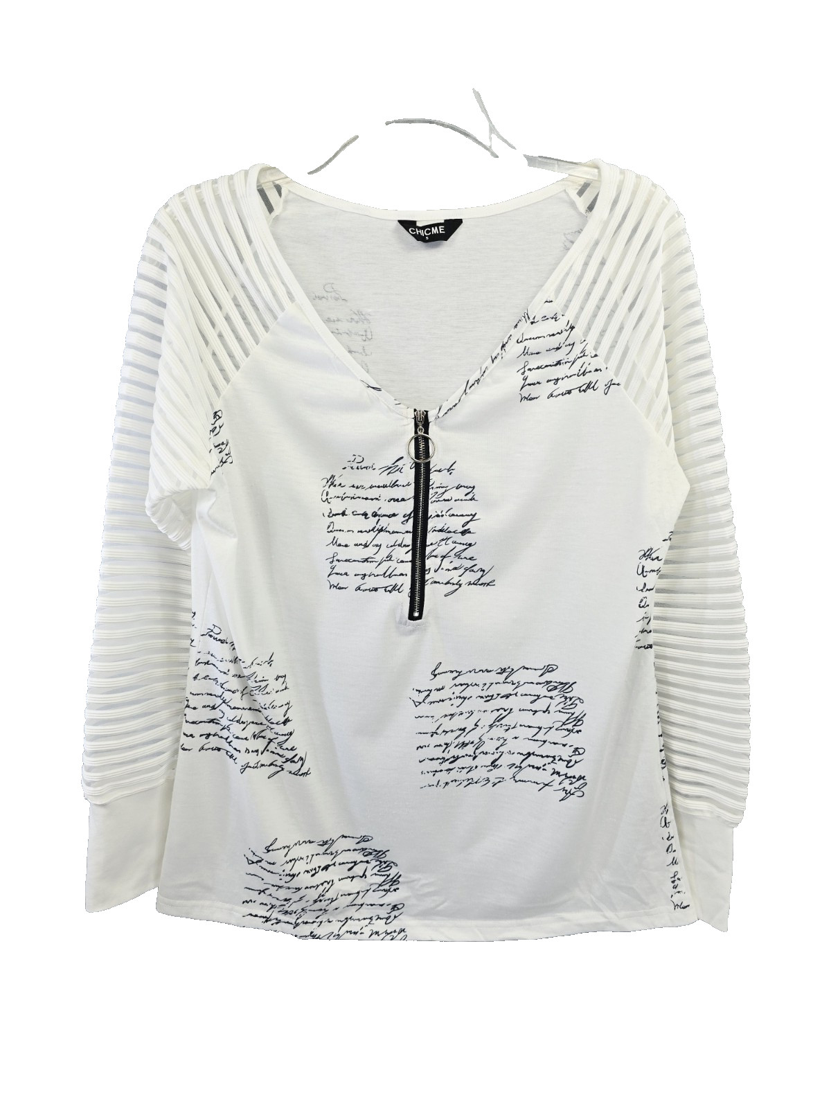 CHIC ME Woman Stretch Knit V-Neck Top White Semi Sheer Long Sleeves Small