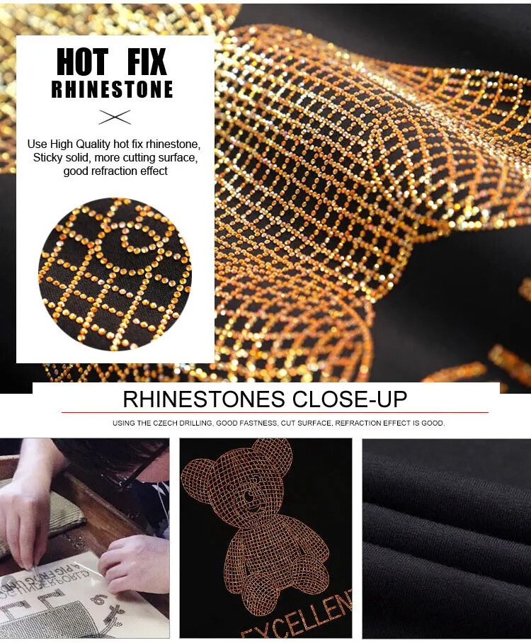 Fashion Trend Bear Rhinestones Streetwear Long Sleeve Luxury Men V-Neck T-Shirt