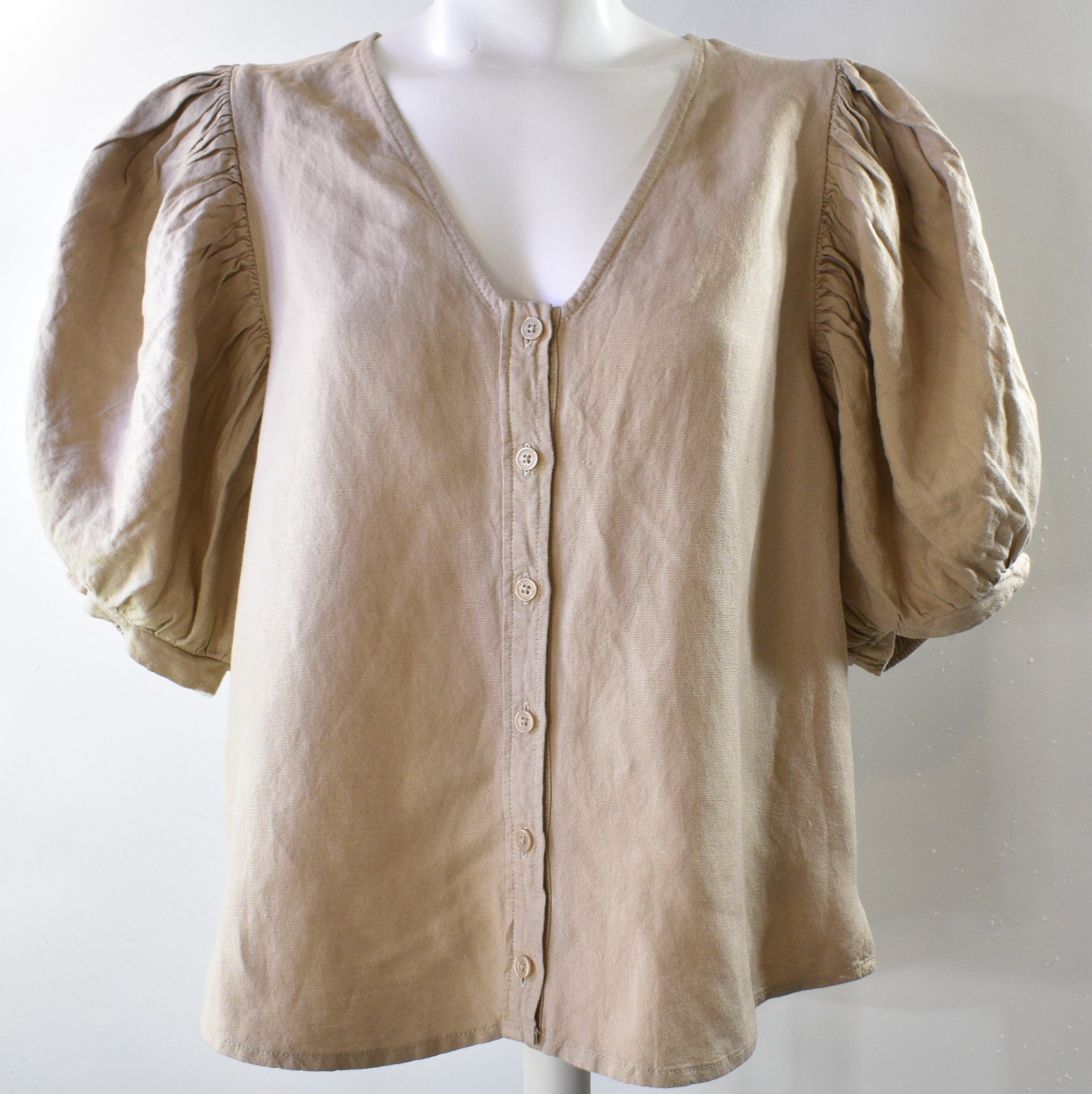New Express Blouse Tan Linen Balloon Sleeve Shirt V Neck Button Top Boho Women M