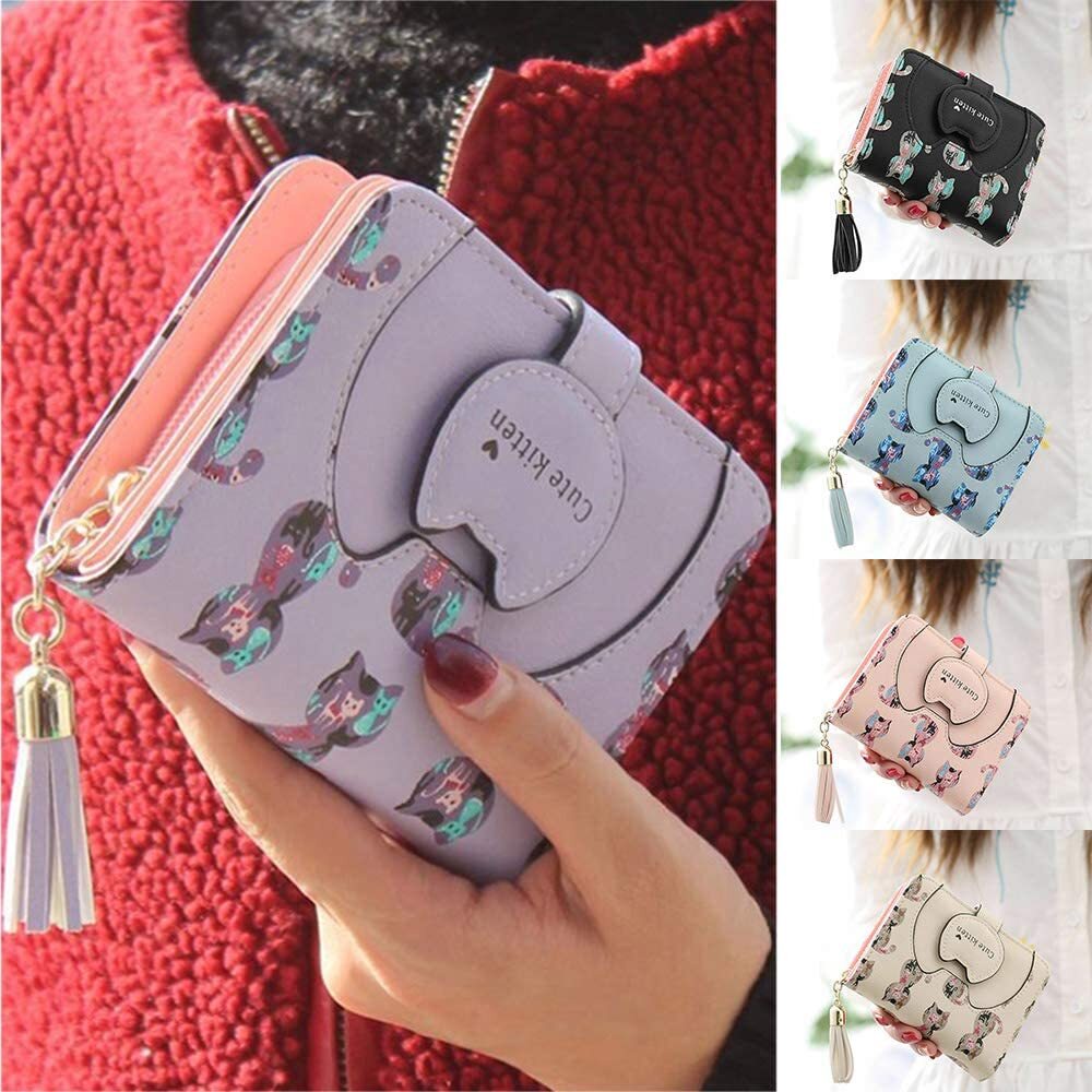 Womens Zip Around Bifold Wallet with Hasp Cute Kitty Leather Small Handbag Purse