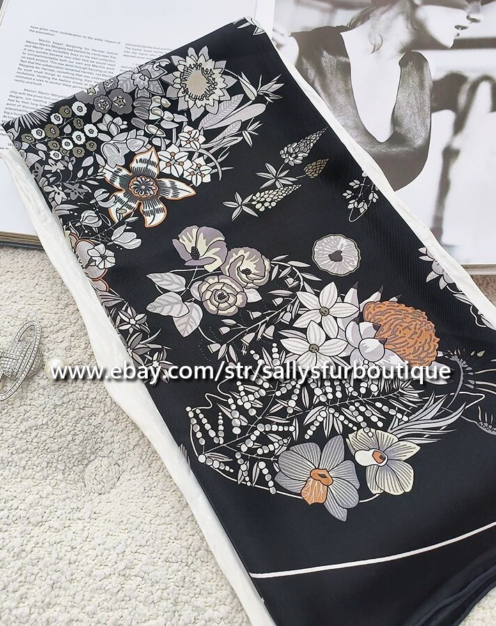 Sally 14~18 Momme Twill Silk Wrap Scarf Bandanna Vintage Flowers Print Shawl 35″