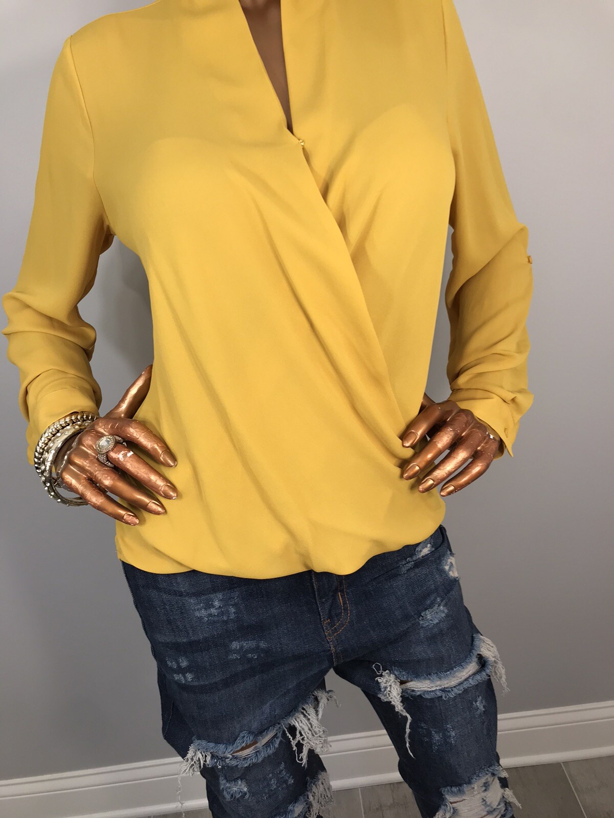 Pleione S Top Mustard Long Slvs Low V Cut Crossbody Blouse NWT High Low