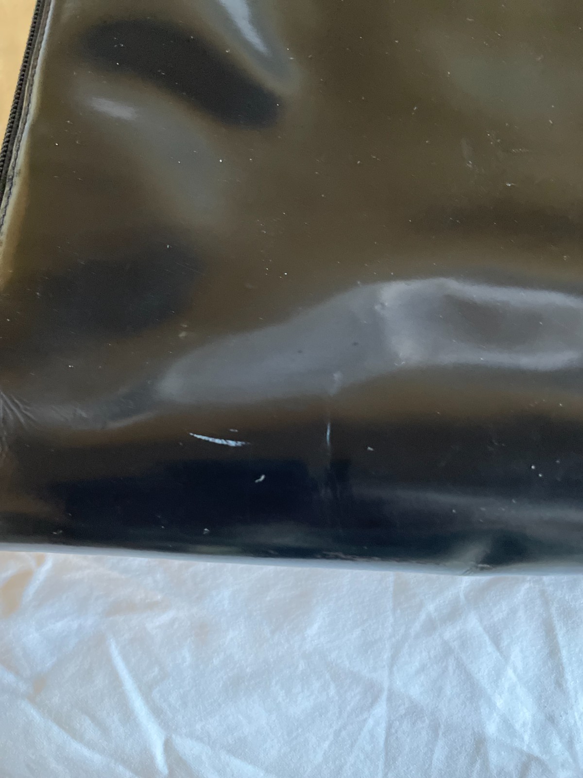 Vintage Black Furla Patent Leather Bag Straps Inside Pockets 11″H x 17″W x 4″D