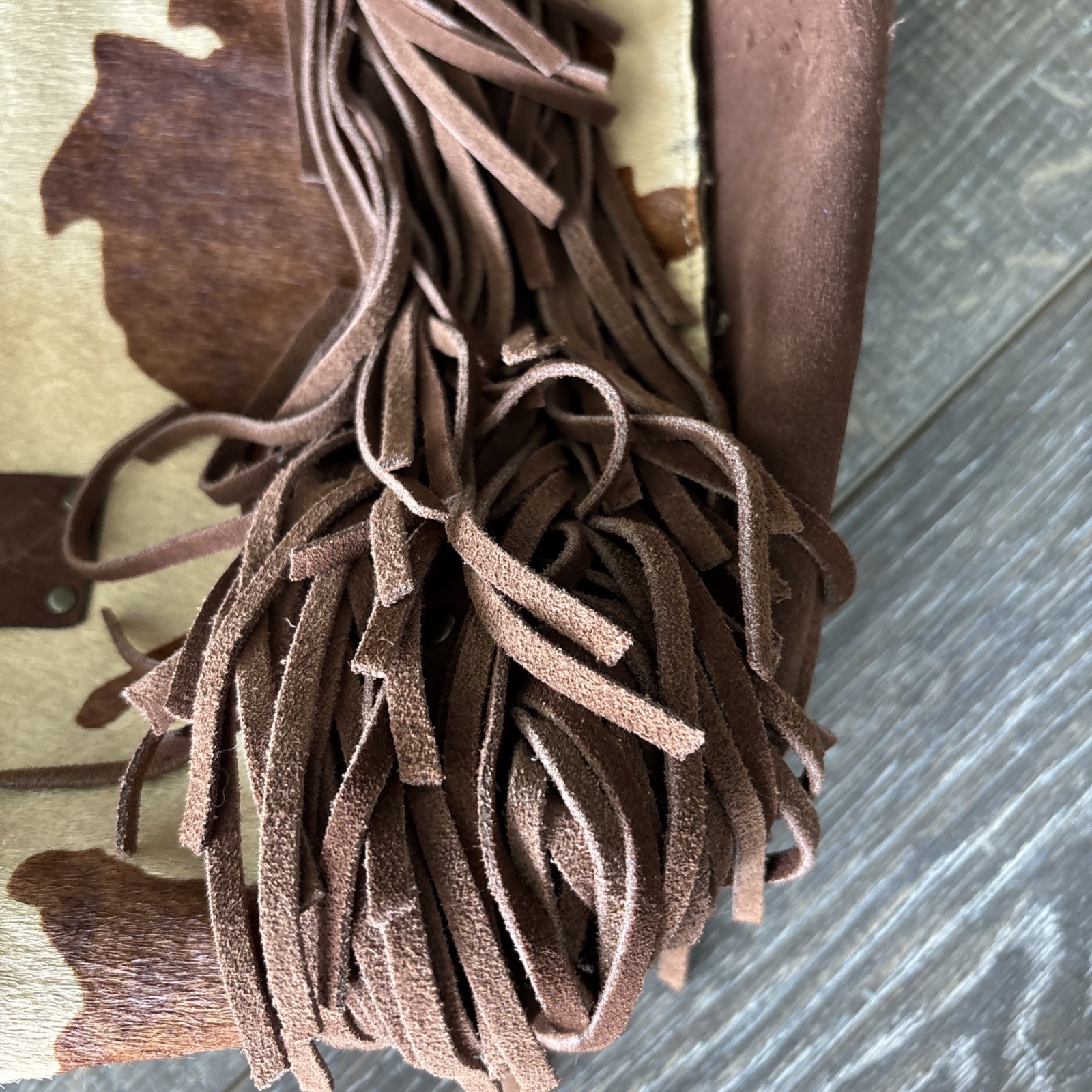 Patricia Nash Leather & Cowhide Print Mwith Leather Fringe Tote Purse – See Pics