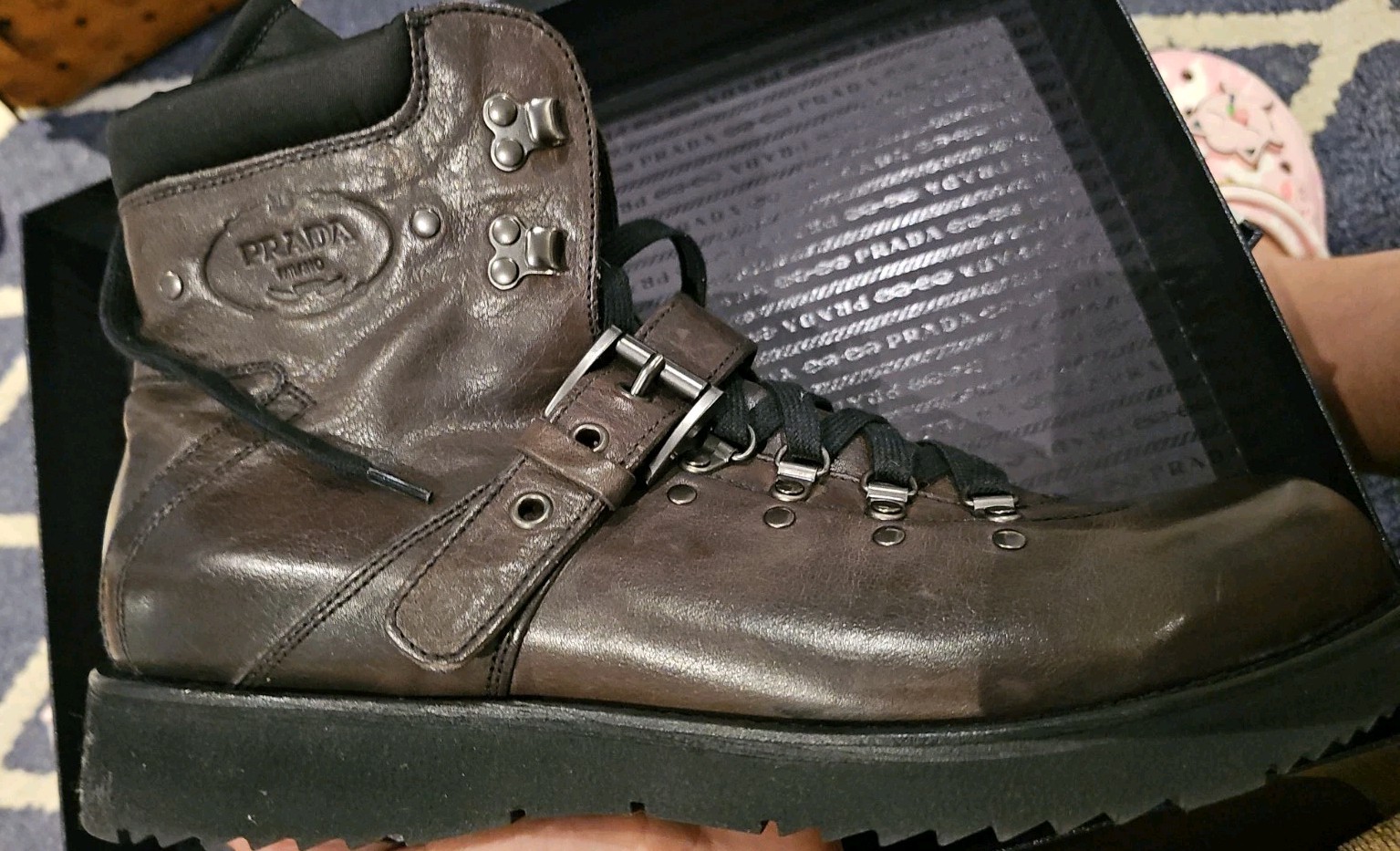 Prada Black 2TG011 Leather Combat Boots Mens UK 11 US 12 Made in Italy VINTAGE