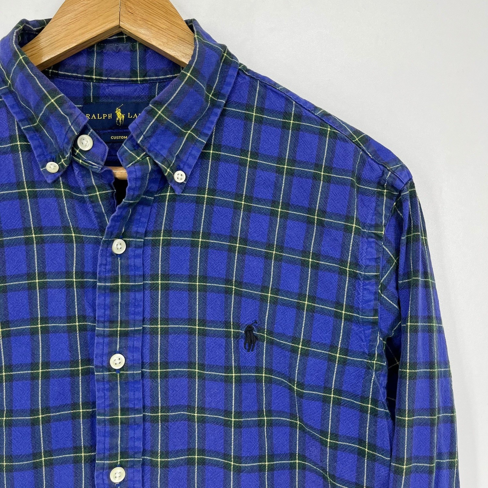 Ralph Lauren Mens Custom Fit Plaid Button Down Shirt Blue Green Yellow Size M