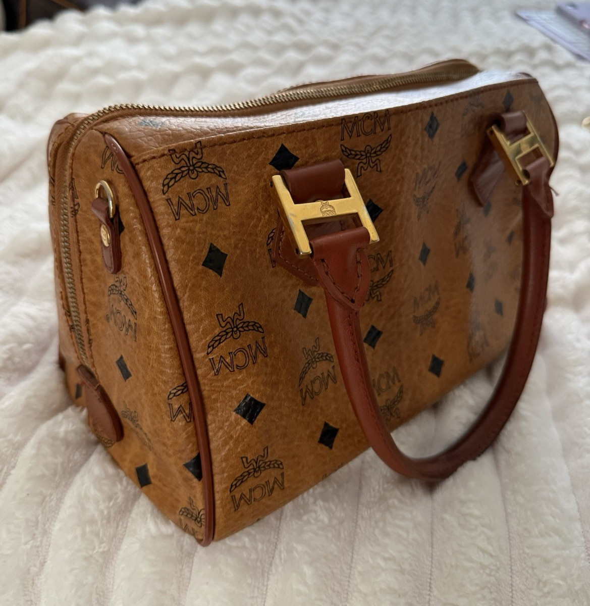 MCM Brown Logo Satchel Top Handle Zip, Gold Hardware, Charm, Bottom Studs