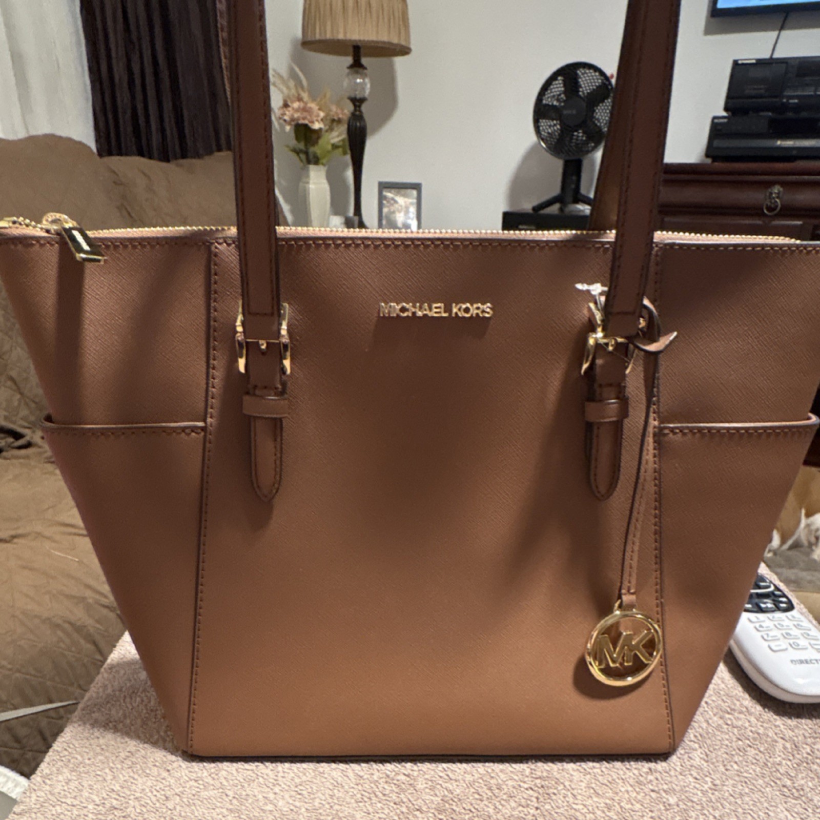 Michael Kors Luggage Tote Gold Hardware Zipper Logo Accent Bag Charm Women