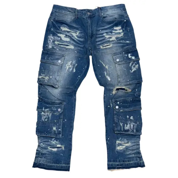 First Row Distressed Flare Cargo Loose Denim – High Fashion Streetwear Design