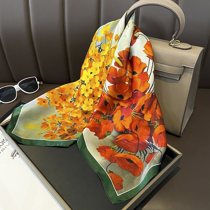 100% Silk Mulberry 27″ Square Scarf Women Vintage Neckerchief Wrap Orange Flower