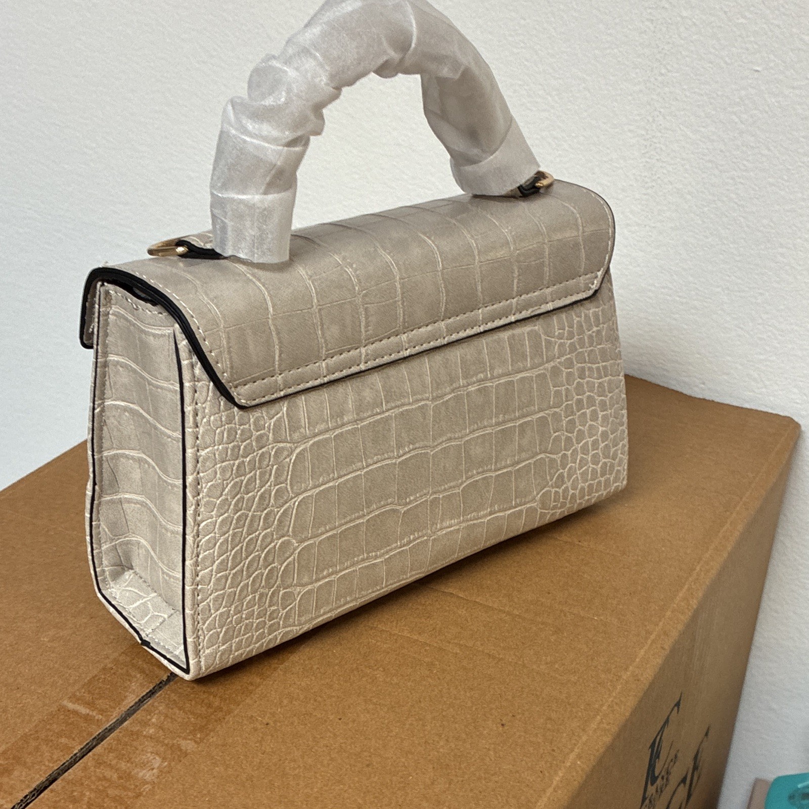 Beige Croc Embossed Small Satchel Top Handle Turn Lock Crossbody Strap Gold