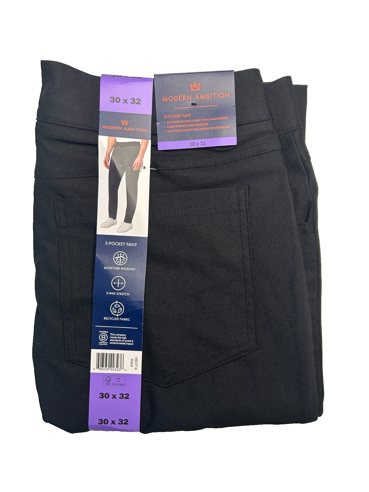 Modern Ambition Men’s 5-Pocket Pant Moisture Wicking Fabric Black Size 30×32