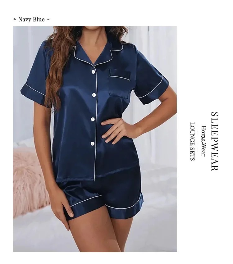 Womens Silk Satin Pajama Set 2 Piece Button Down Top Shorts Sleepwear Loungewear