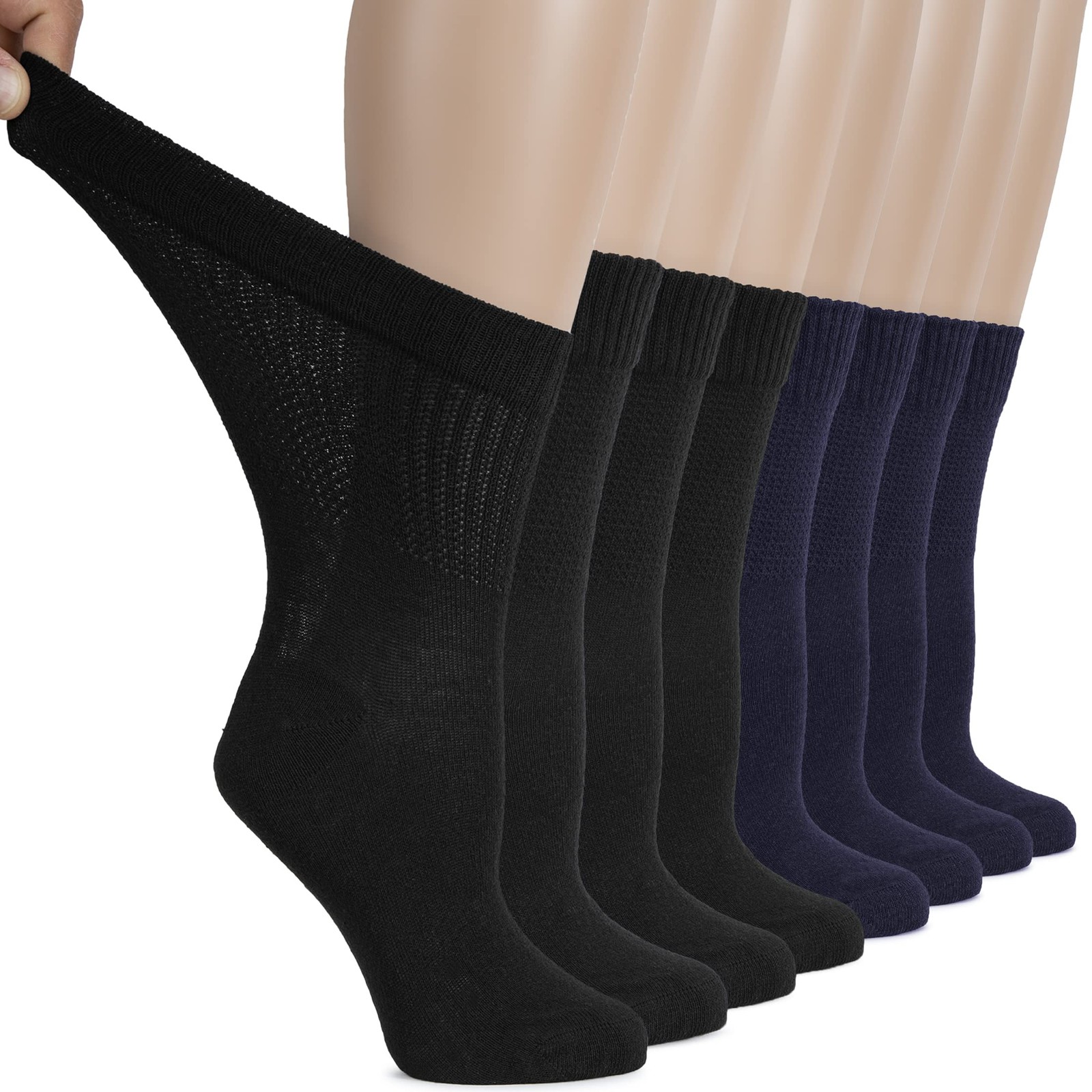 Cotton Diabetic Women Socks, Crew, Loose, Wide Stretchy, 8 Pairs, by Hugh Ugoli