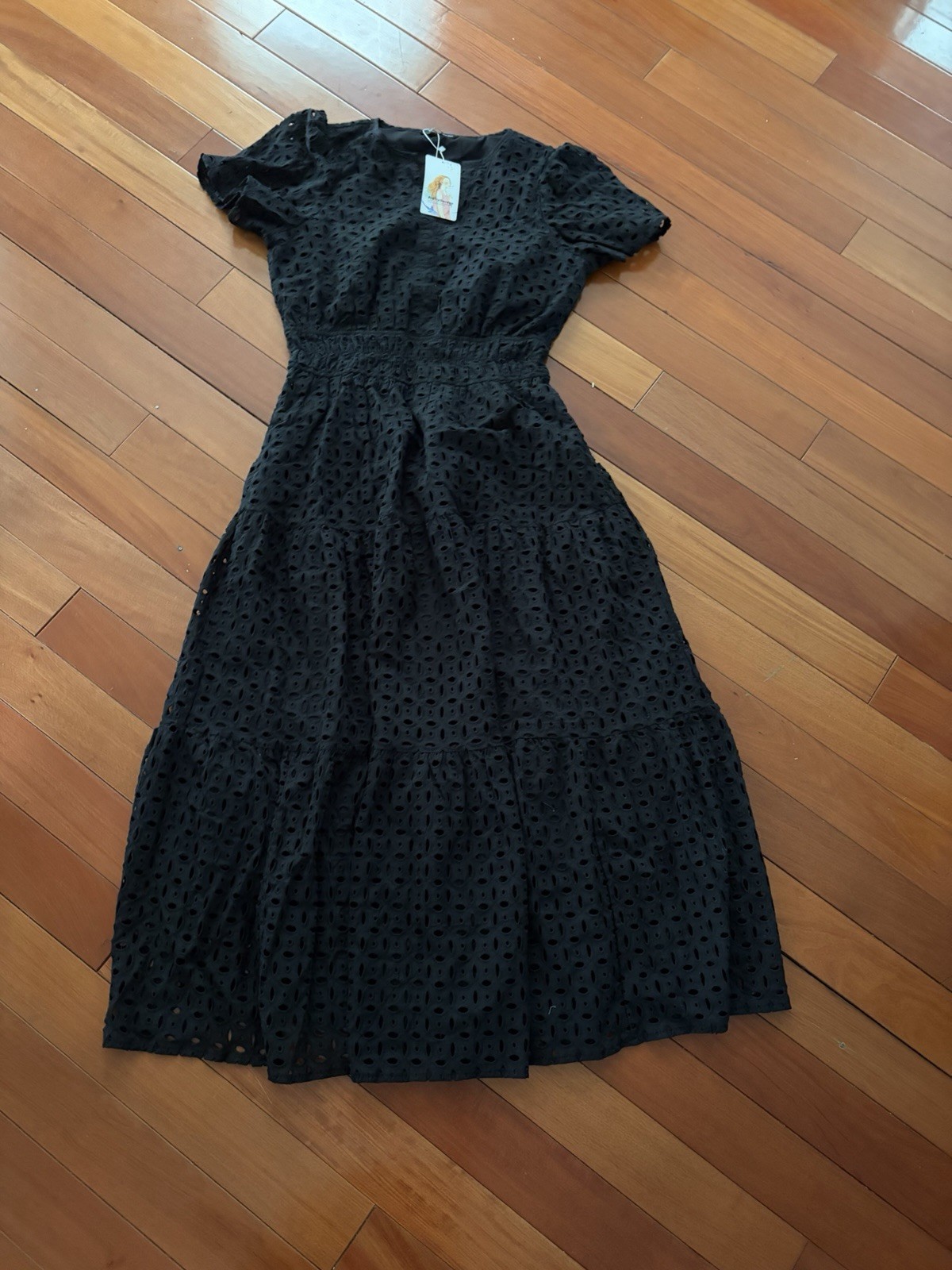 New PrettyGarden Black Eyelet Smocked Tiered Dress S