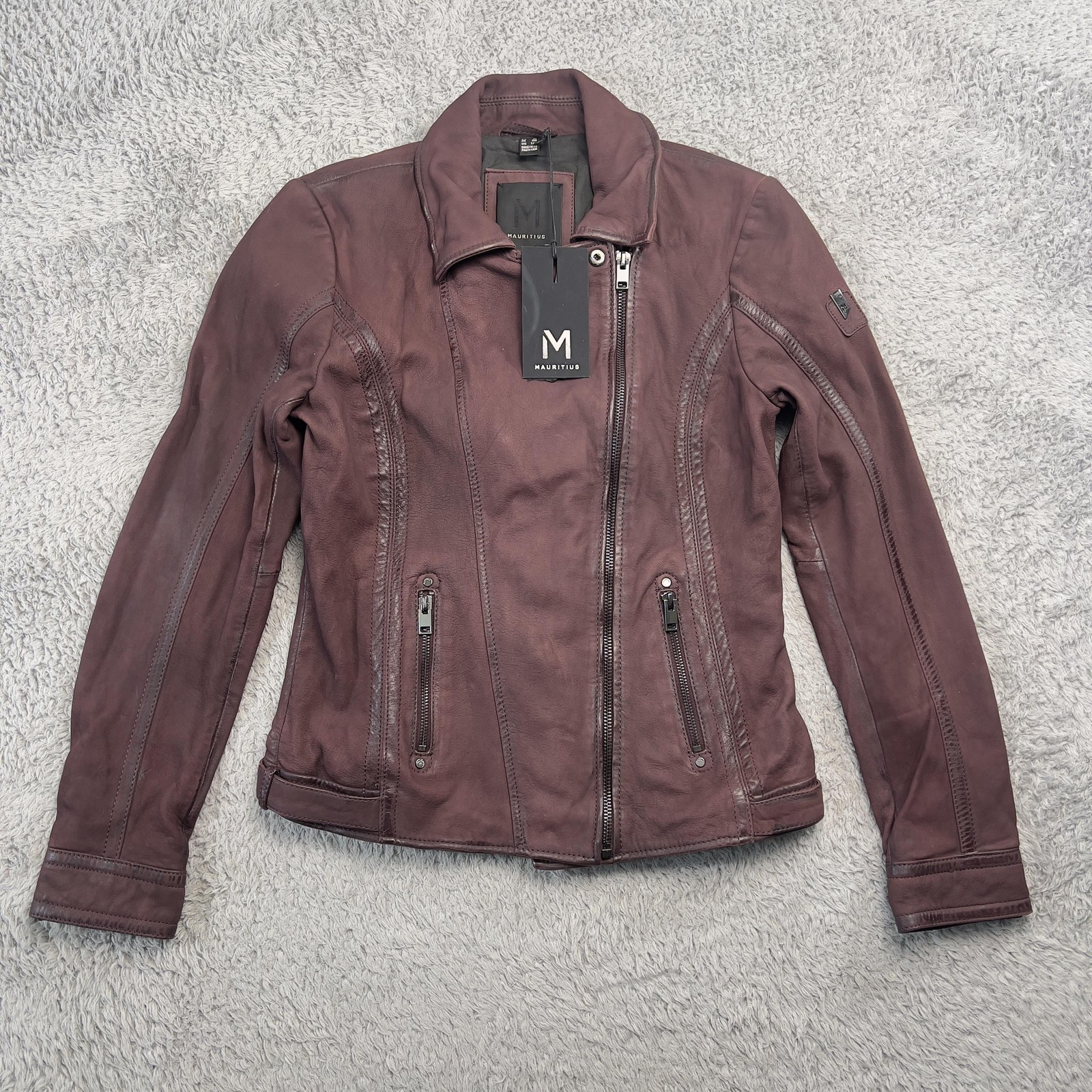 Mauritius Twila RF Leather Jacket Womens 7/8 Wine Red Moto Zip Lined Biker