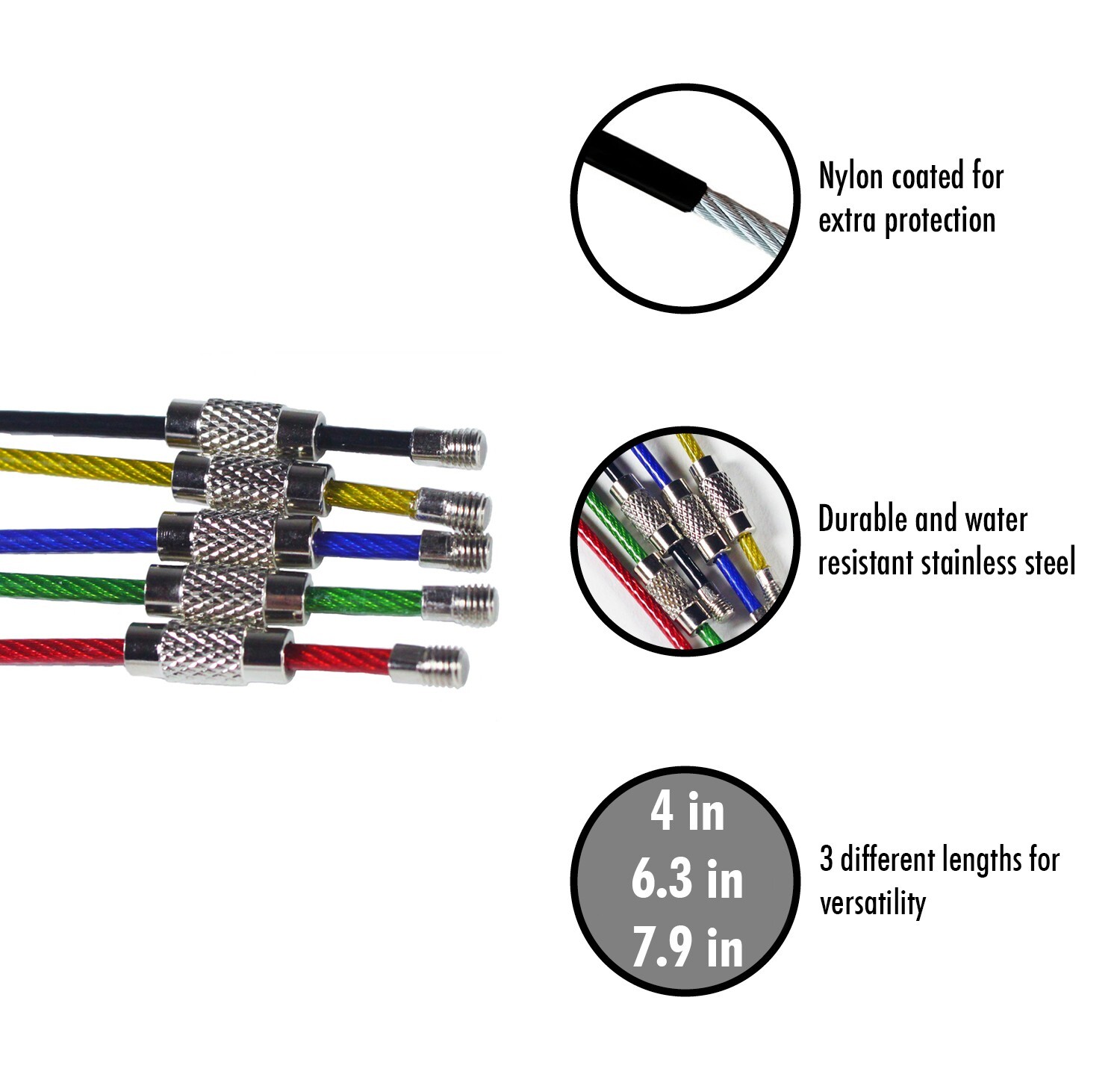 30pc Colored PVC Coated Wire Keychain 4/6.3/7.9 Inch Cable Key Ring Loops