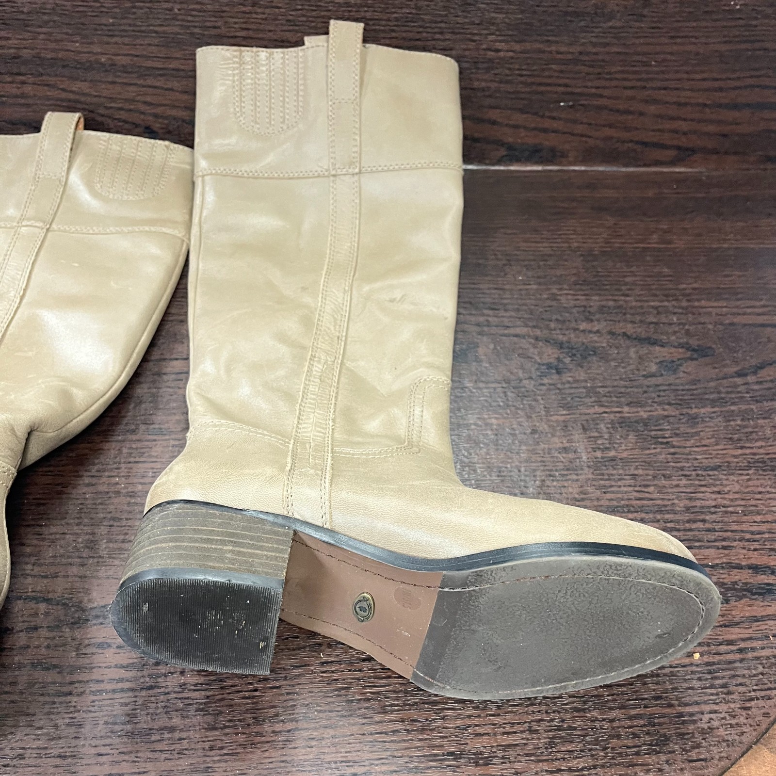 Lucky Brand Women’s Hidranja Knee High Boot 7M Beige Leather Stacked Heel Woven