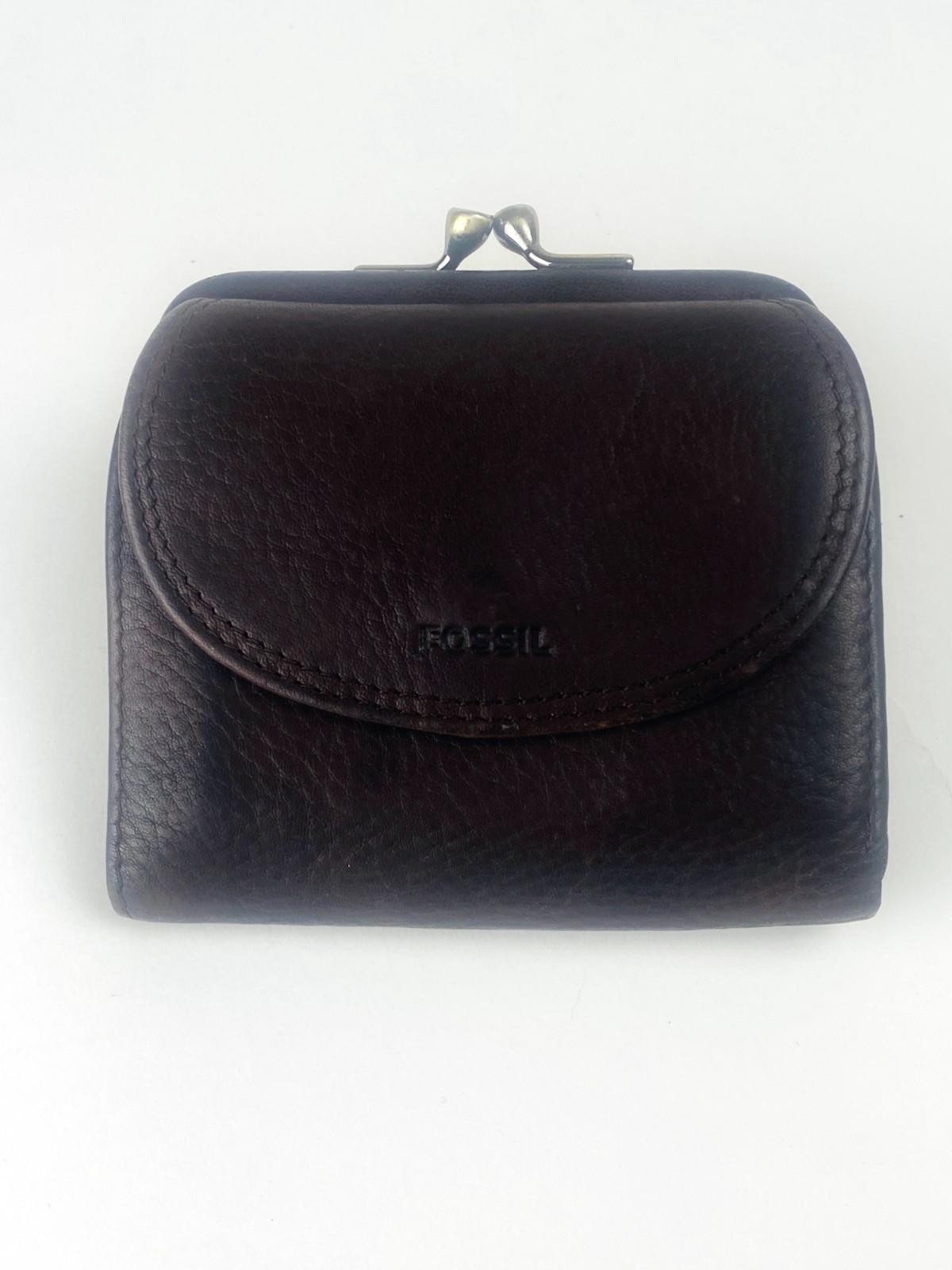 Vintage Fossil Brown Pebbled Leather Kiss Lock Bifold Wallet Coin Purse 90s