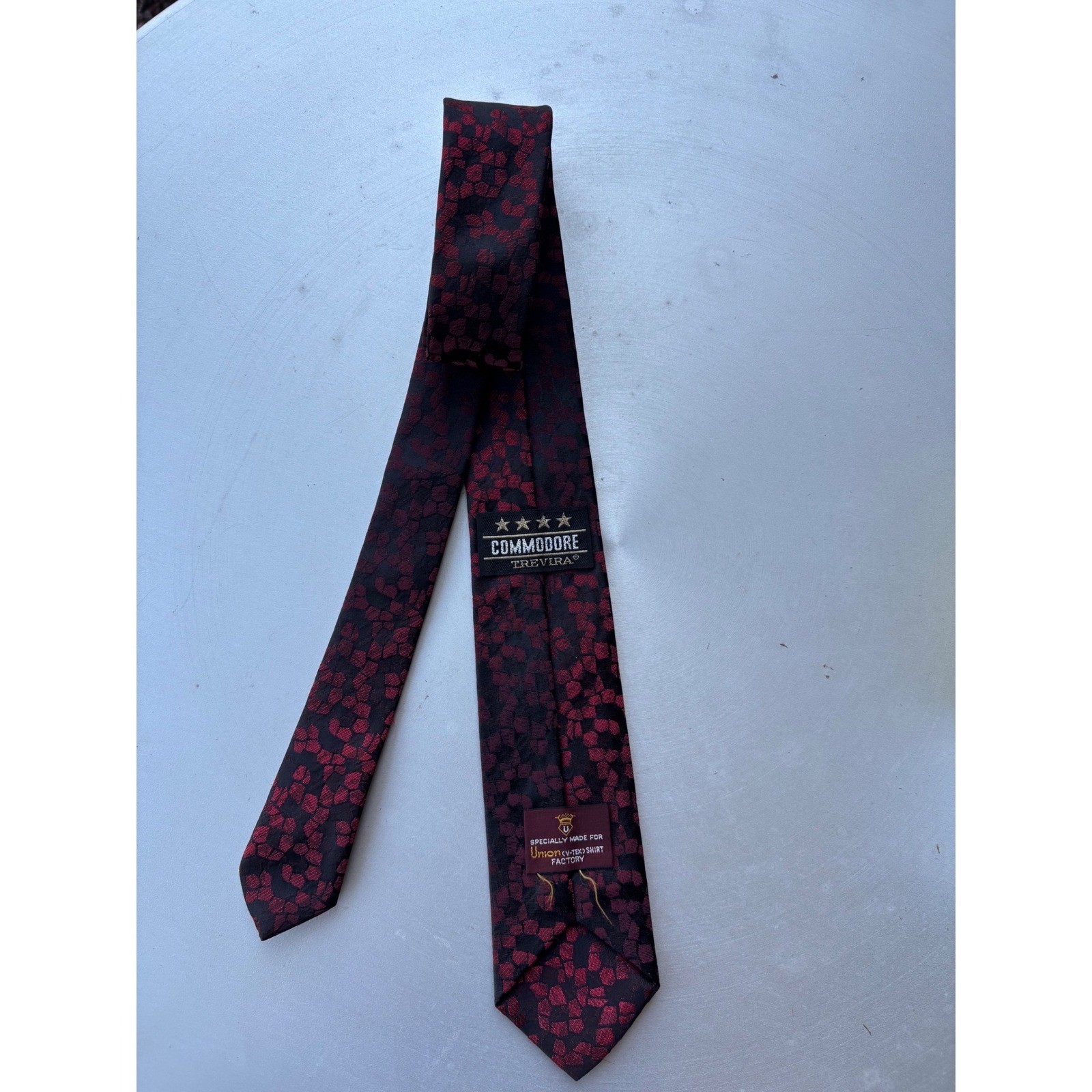 Vintage Commodore Trevira Burgundy Black Geometric Mosaic Necktie 3in Width
