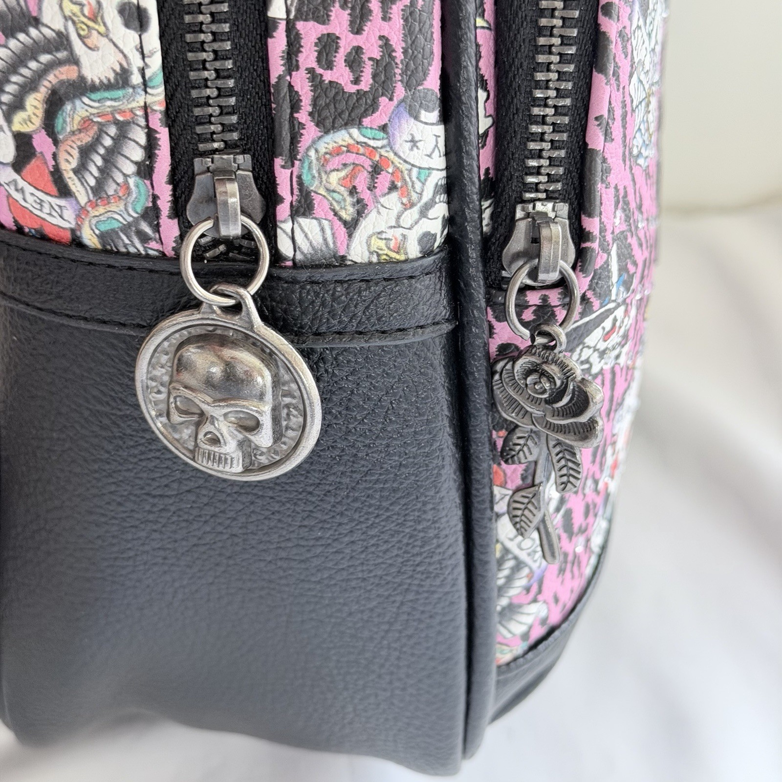 Ed Hardy Adjustable Pink Leopard Print Traditional Skulls Backpack Purse NWT