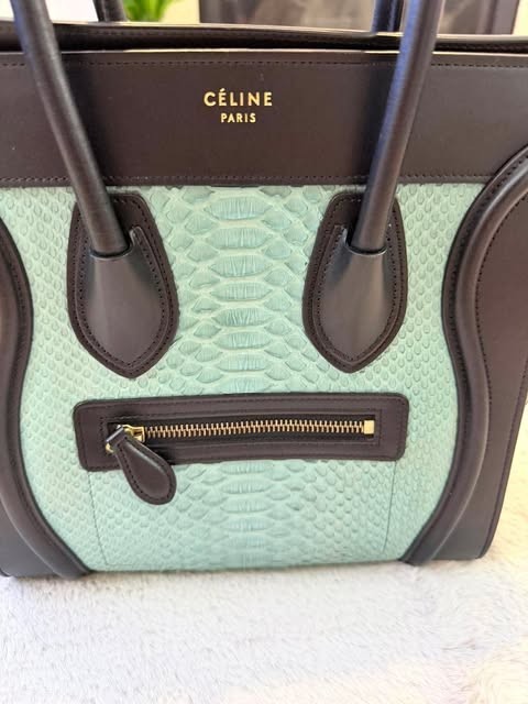 Authentic Celine Luggage Phantom Bag Handbag Black Mint Python Leather