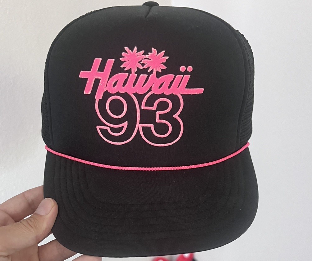 Vtg 1993 Hawaiian Headwear Truckers Hat -Black & Pink Hawaii Snapback Rope Cap