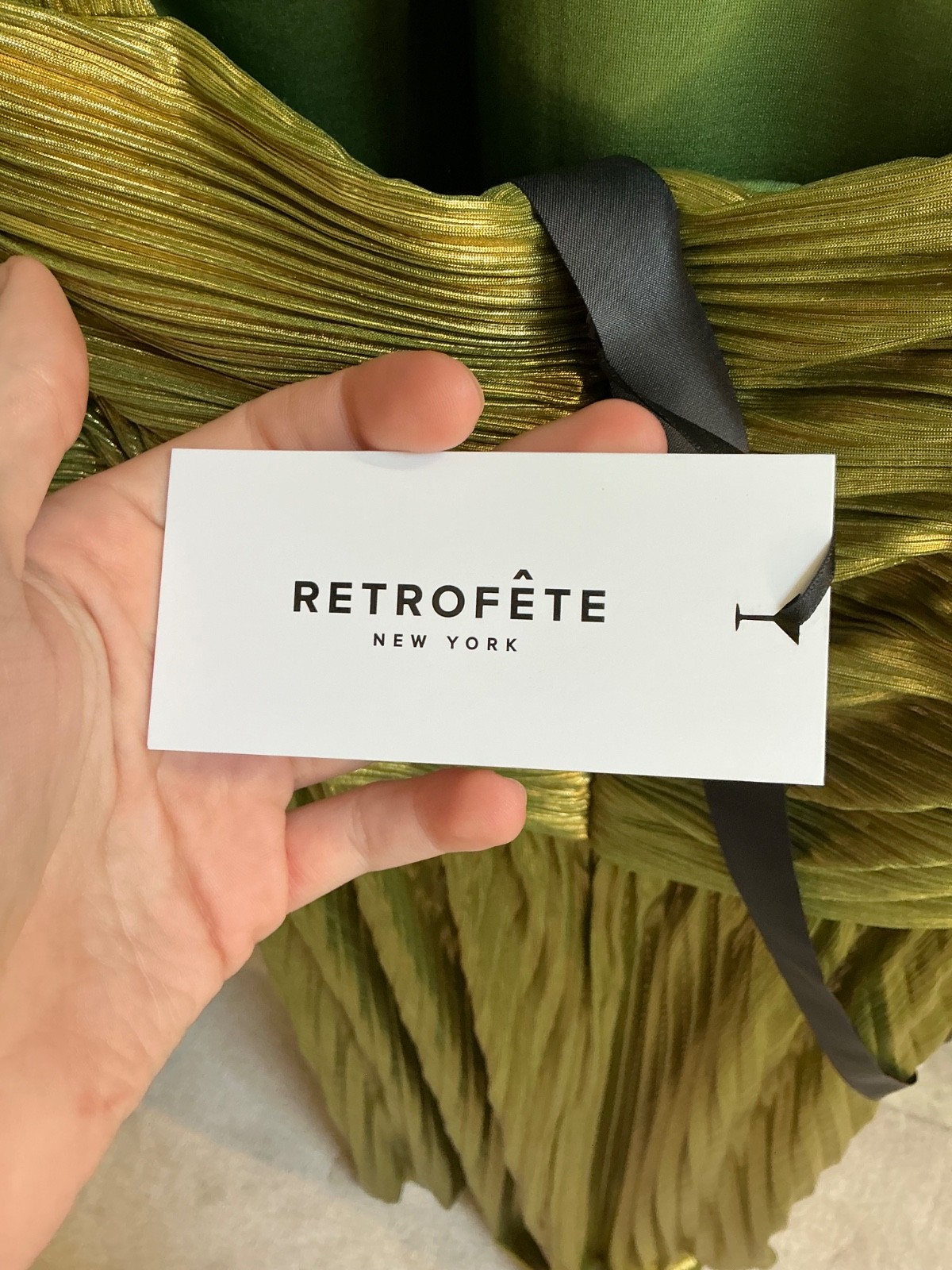 NWT RETROFETE Thalia pleated halter side-slit maxi dress – Metallic Peridot – M