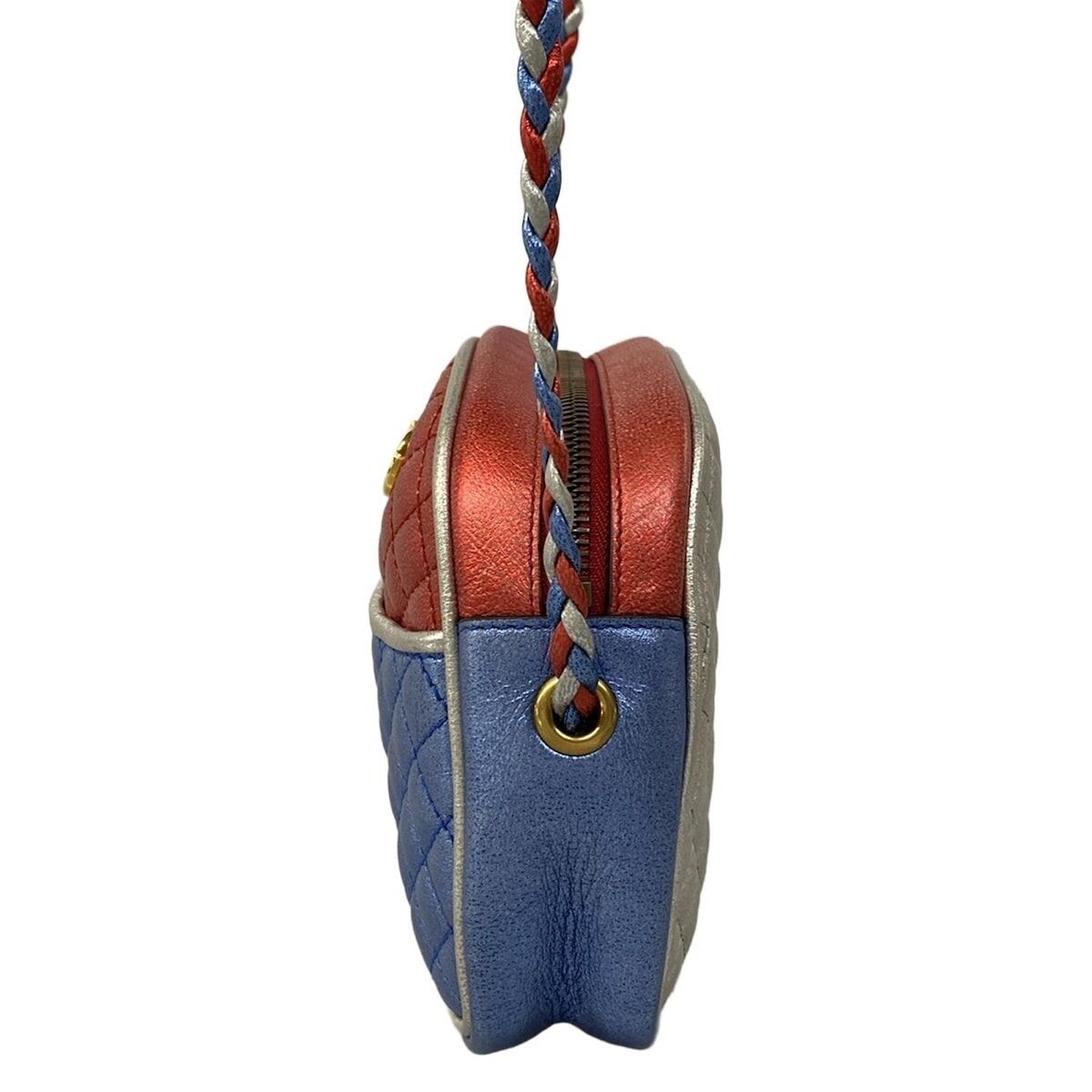 GUCCI Zumi Quilted Metallic Leather Mini Shoulder Bag Blue Red Silver Auth