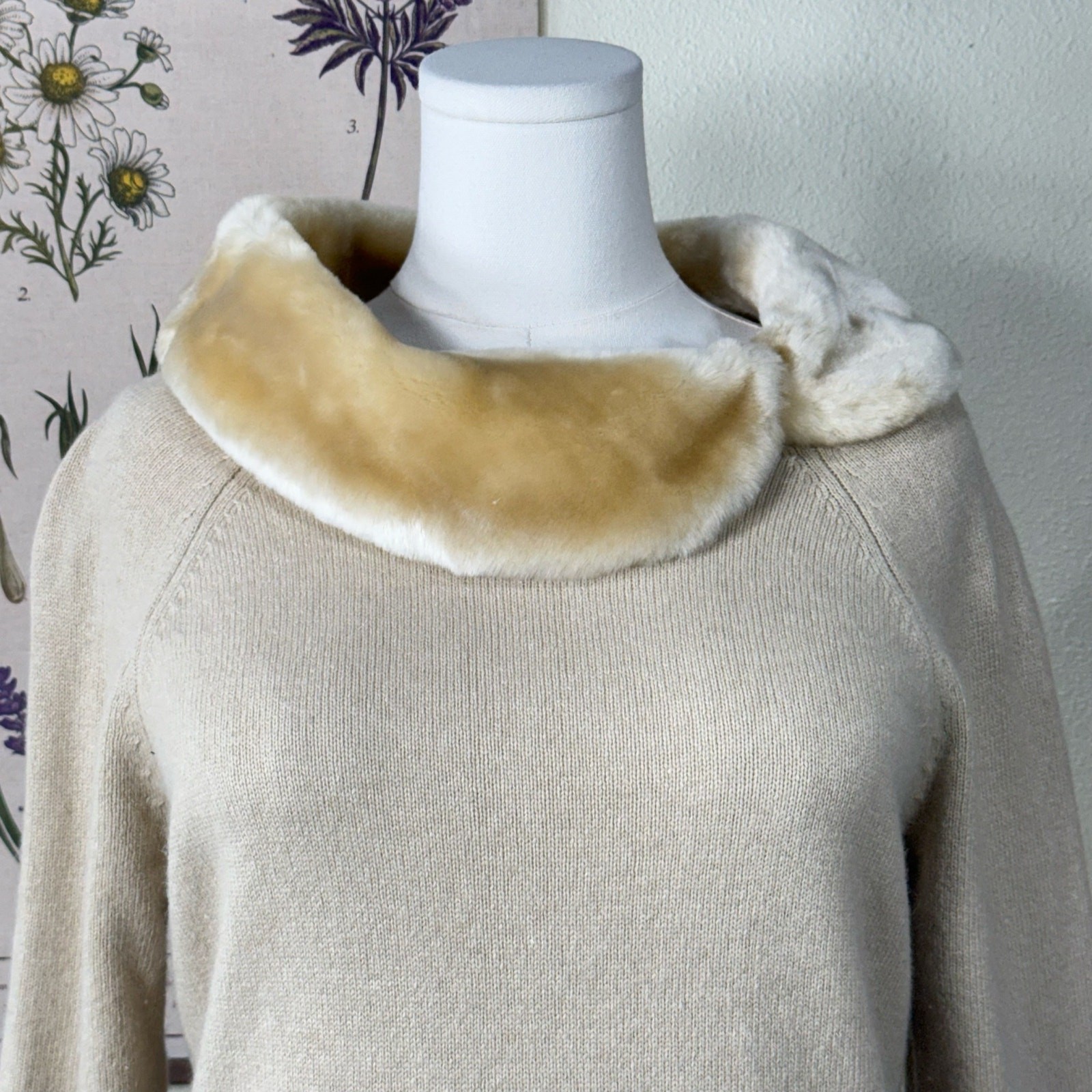 90s Y2k Faux Fur Collar Pullover Sweater Old Money Heritage Forest Mori Kei L