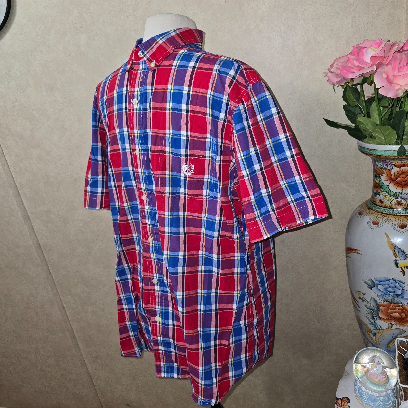 Chaps Red & Blue Short Sleeve Collared Plaid Button Down Top For Men Size L