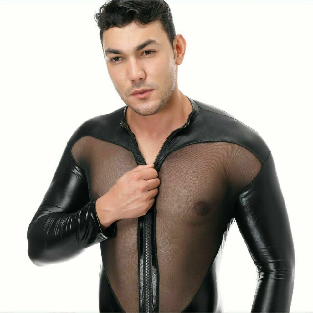 Men’s PU leather Mesh tight Bodysuit Lingerie Wet Look Shiny Long Sleeve Costume