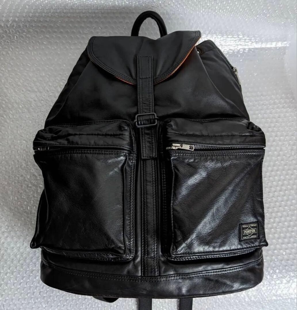 PORTER Tanker Leather Backpack Black Nylon Lined Zip Military Men Japan 43cm
