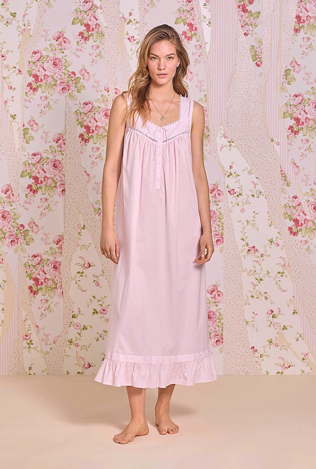 Nwt Eileen West Rose Pink EMBROIDERED 100% Cotton Lawn Long Ballet Nightgown L
