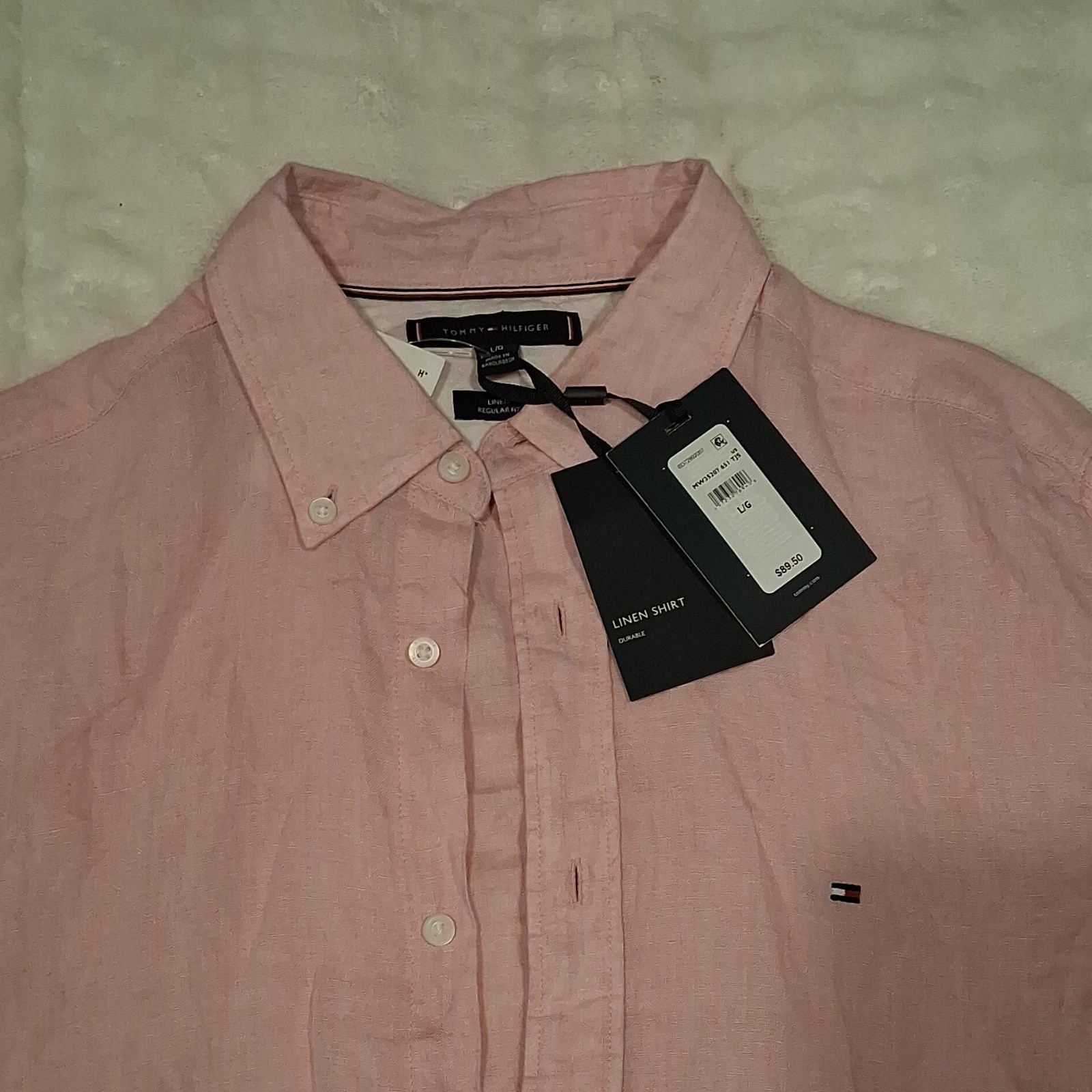 Tommy Hilfiger Men’s Linen Regular Fit Pink Short Sleeve Button-Down L/G