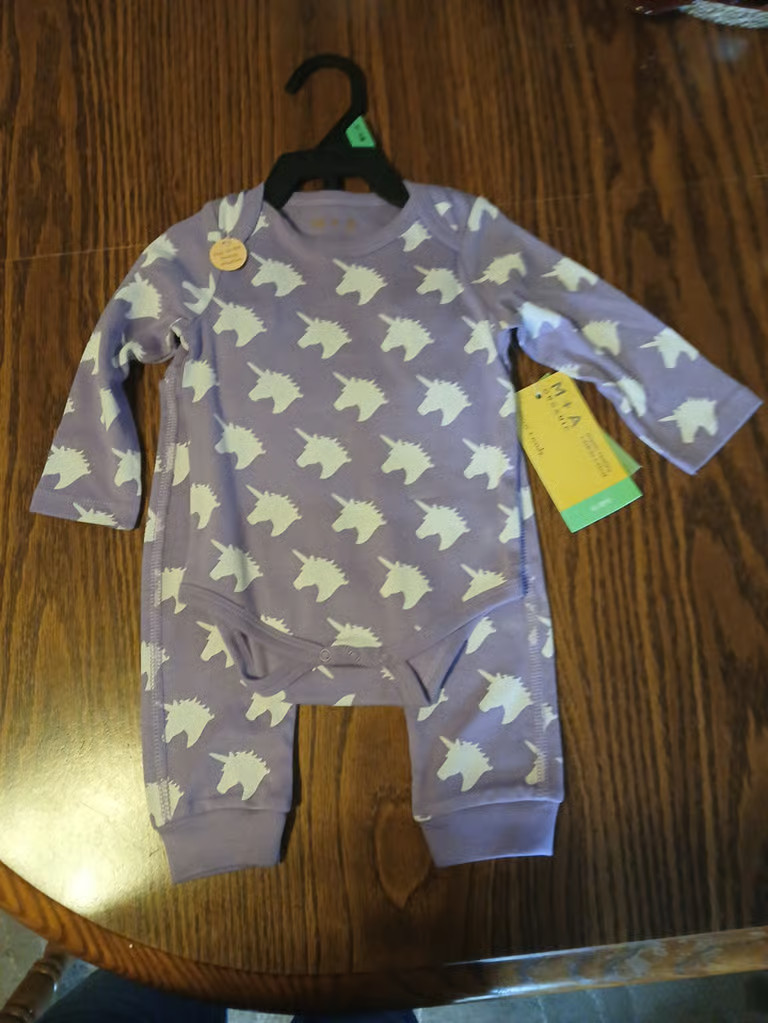 2 piece baby set size 6-9 months purple unicorn bodysuit and pants, Brand New