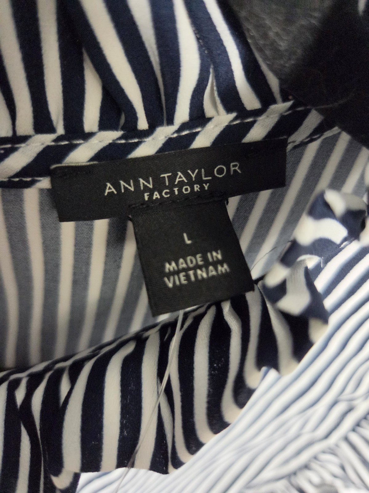 Ann Taylor Factory Black/White Striped Sleeveless Ruffle High Neck Blouse L