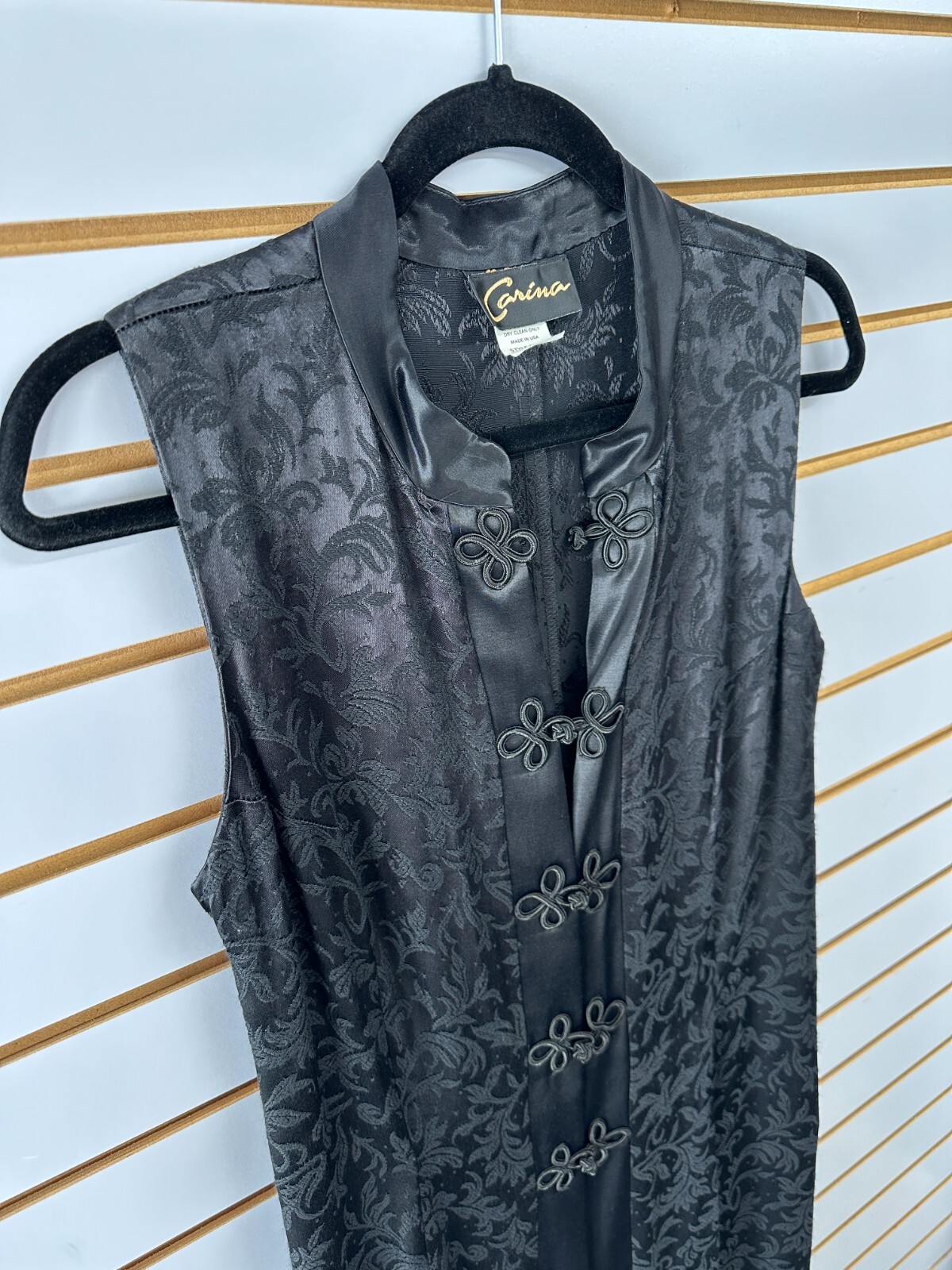 Vintage Carina Oriental Vest Size 12 Sleeveless Black Ornate Long Kimono Duster