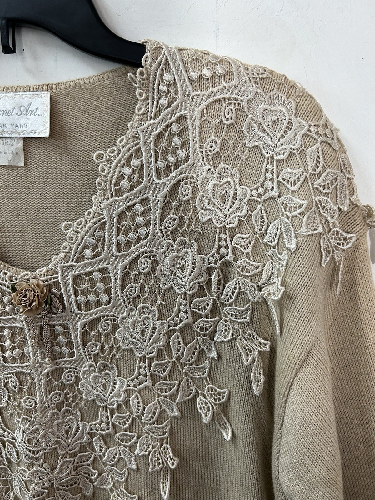 VTG Magnet Art Lynn Yang Size M Floral Lace Sweater Brown Cottage Core Coquette