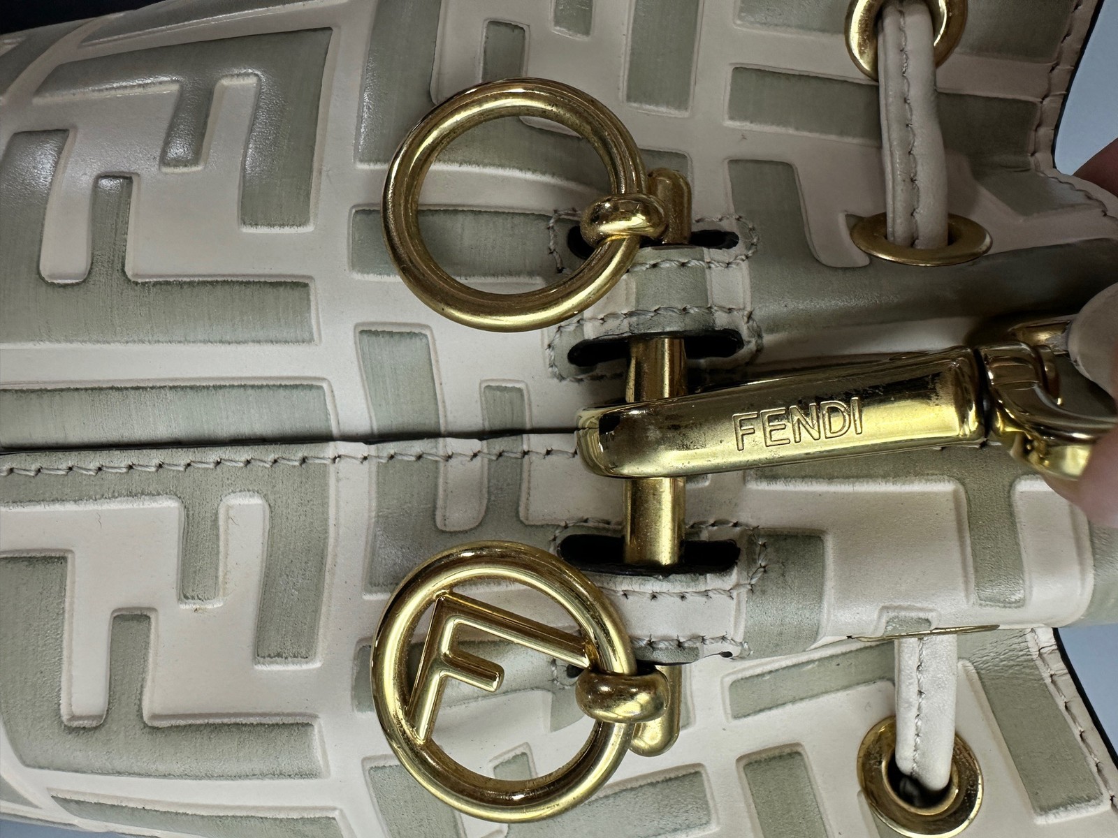 FENDI Mon Tresor Bucket Crossbody Bag FF Mini Off-white Embossed Leather Gold HW