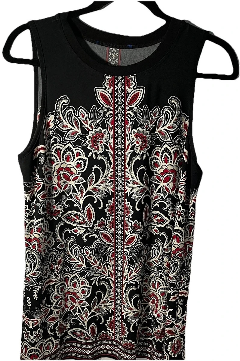 No Brand Wms Sleeveless Blouse In Black/Red/White Rounded Collar Tunic Top Sz M