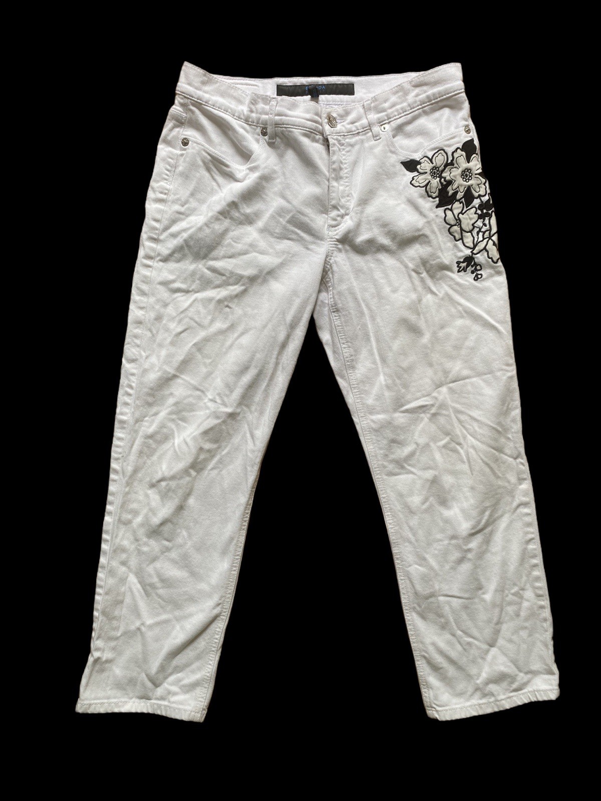 Y2K Escada Sport White cropped capri Jeans with Black Floral Embroidery