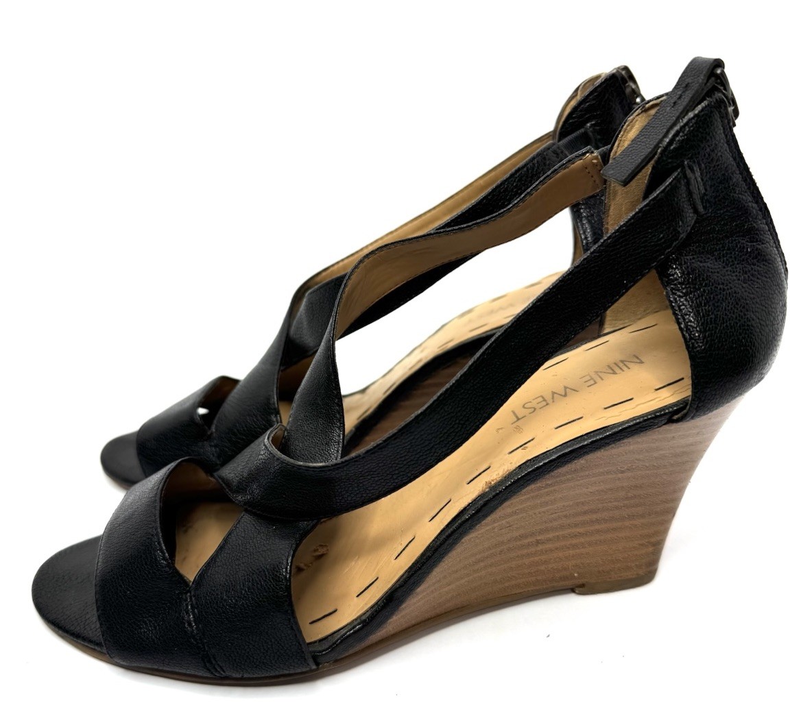 Nine West Women’s Black Leather Wedge Sandals Strappy Peep Toe Size 7M