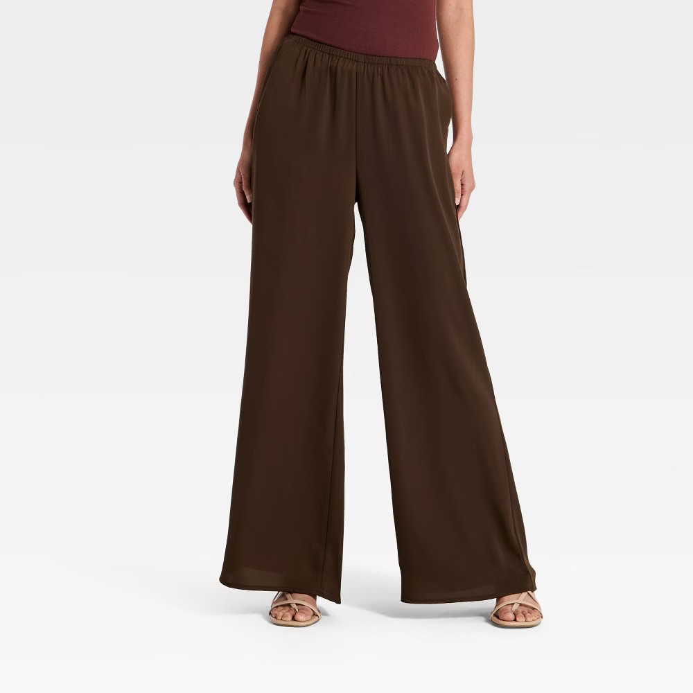 Women Modern Wide Leg Pull-On Pants – A New Day Brown L